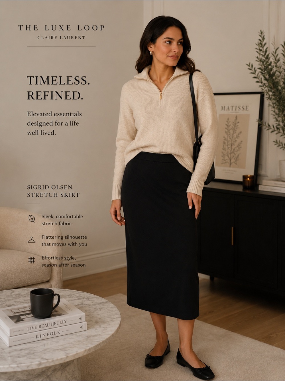 Sigrid Olsen Black Stretch Midi Pencil Skirt